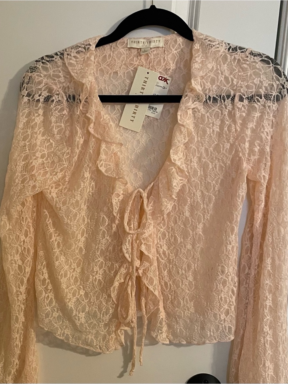 Thirty Thirty Women's Lace Ruffle Tie-Front Top - Blush